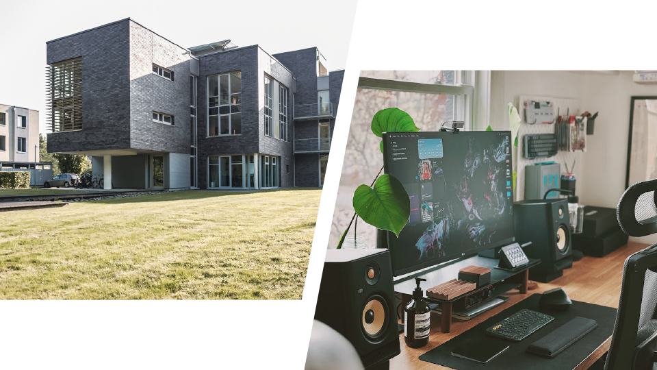 Zwei Bilder gegen&uuml;ber gestellt: BISS Firmengeb&auml;ude und ein symbolischer HomeOffice-Arbeitsplatz